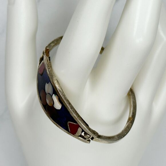 Vintage Mexico Alpaca Silver Tone Abalone Shell Flower Child's Bangle ✨ - Picture 7 of 10